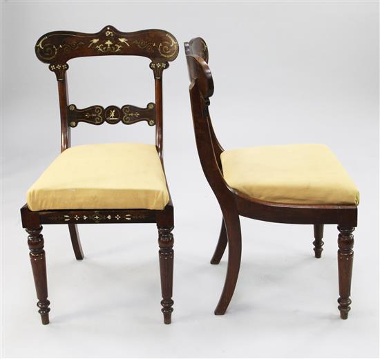 A set of six William IV inlaid rosewood dining chairs,